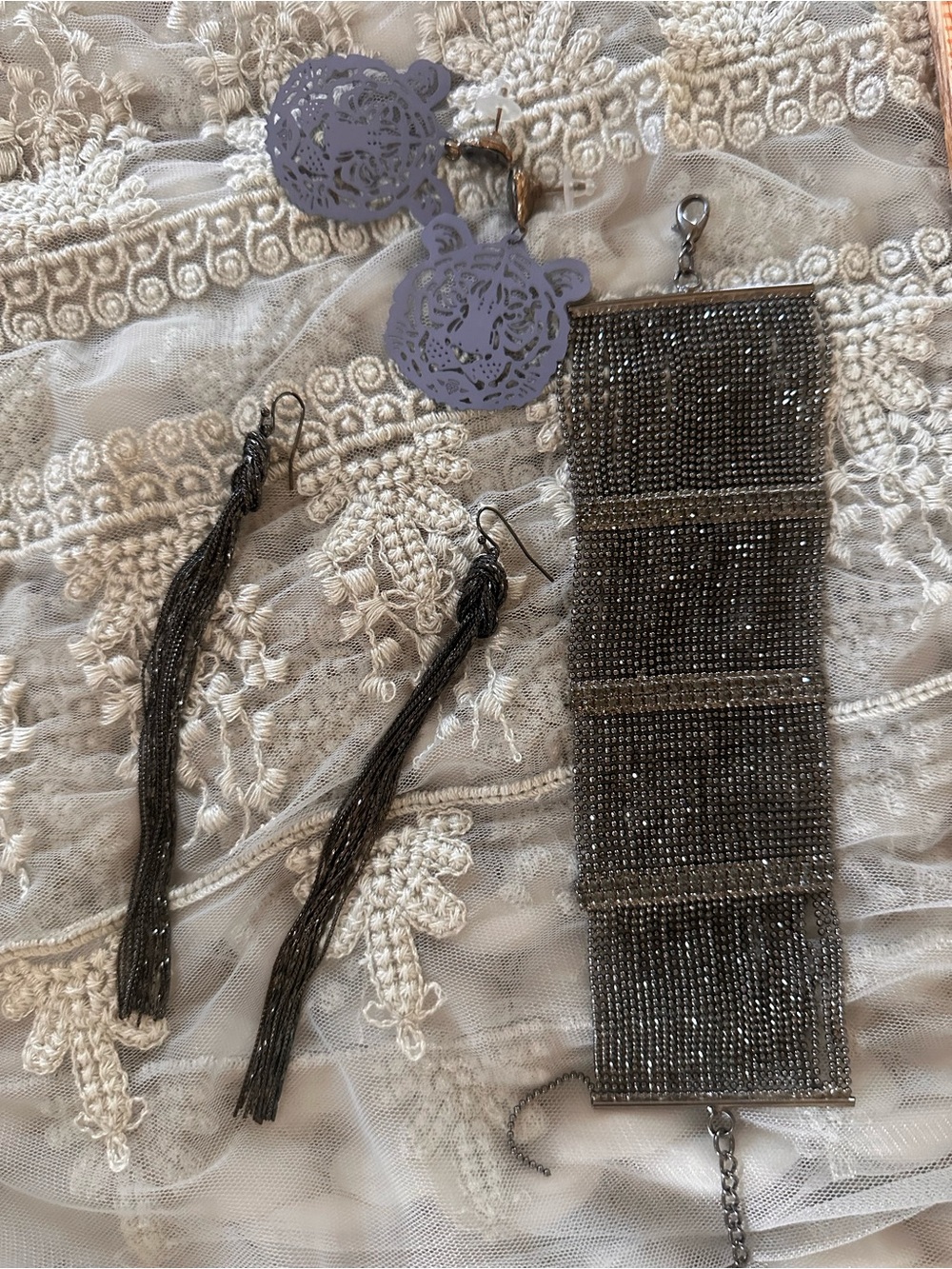 Gunmetal Beaded Fringe Bracelet and Earrings Set - Women Accessories